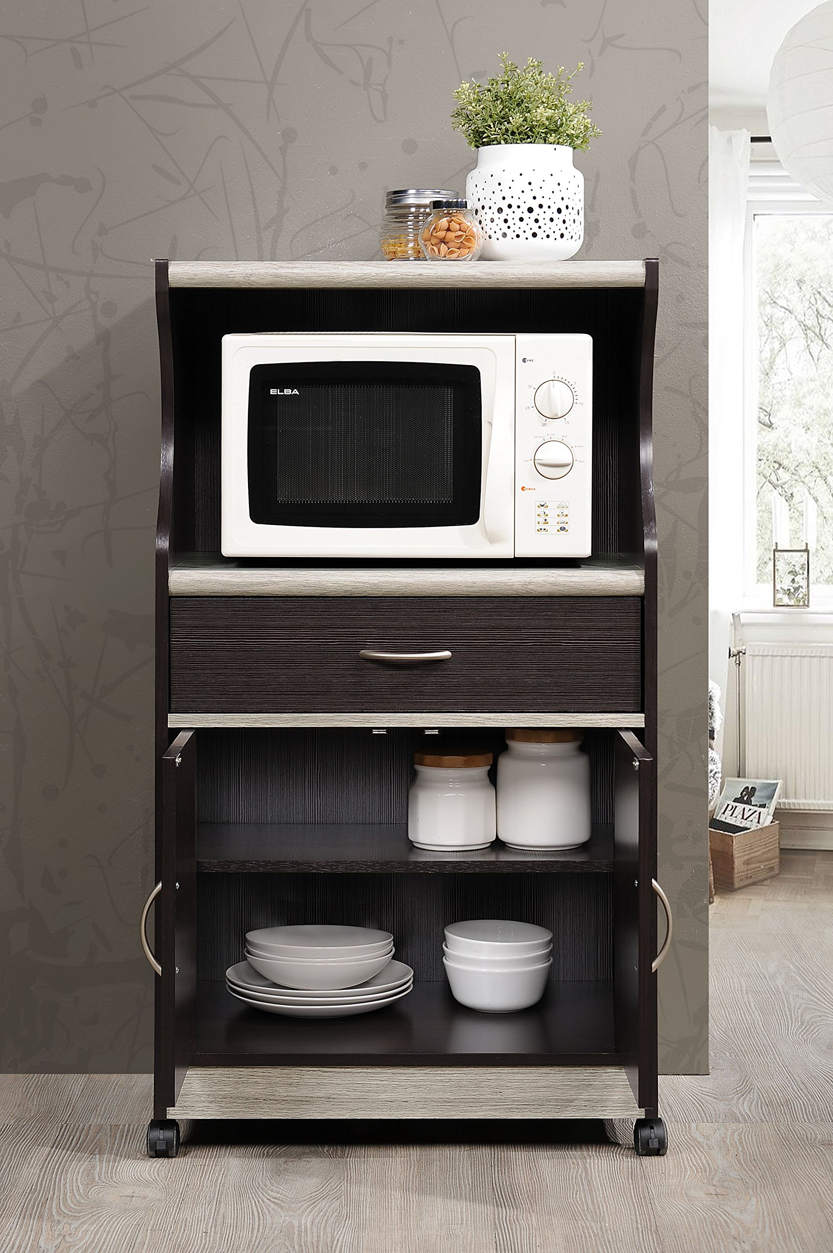 Hodedah Microwave Cart with Storage Drawer, 2 Doors & Shelf - Compact Kitchen Organizer for Small Spaces, Chocolate Grey - Perfect for Apartments, Dorms & RVs