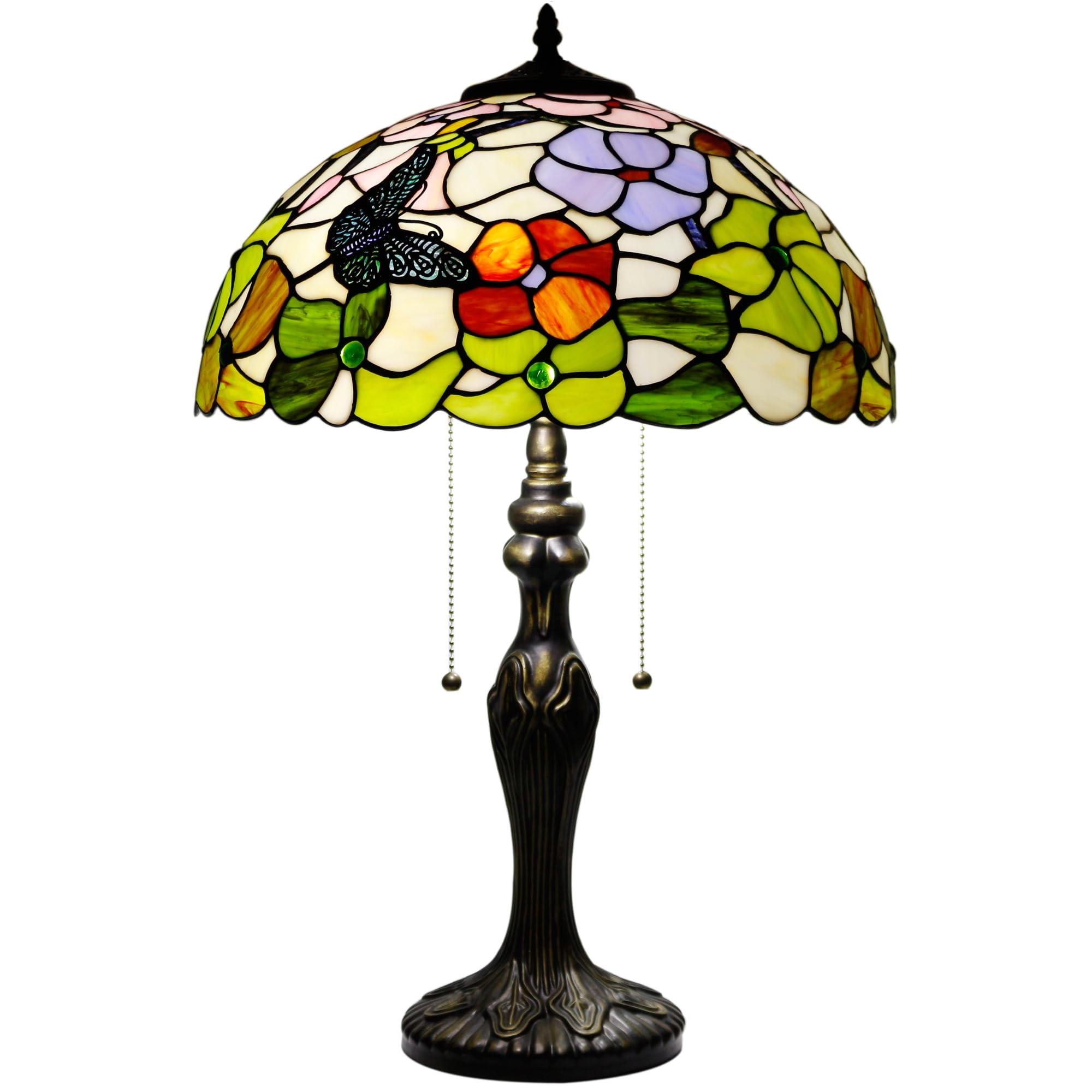 Tiffany Stained Glass Table Lamp - 16x16x24 Inch Antique Reading Light with Butterfly Flowers Design - Perfect for Living Room, Bedroom, Office & Study Decor