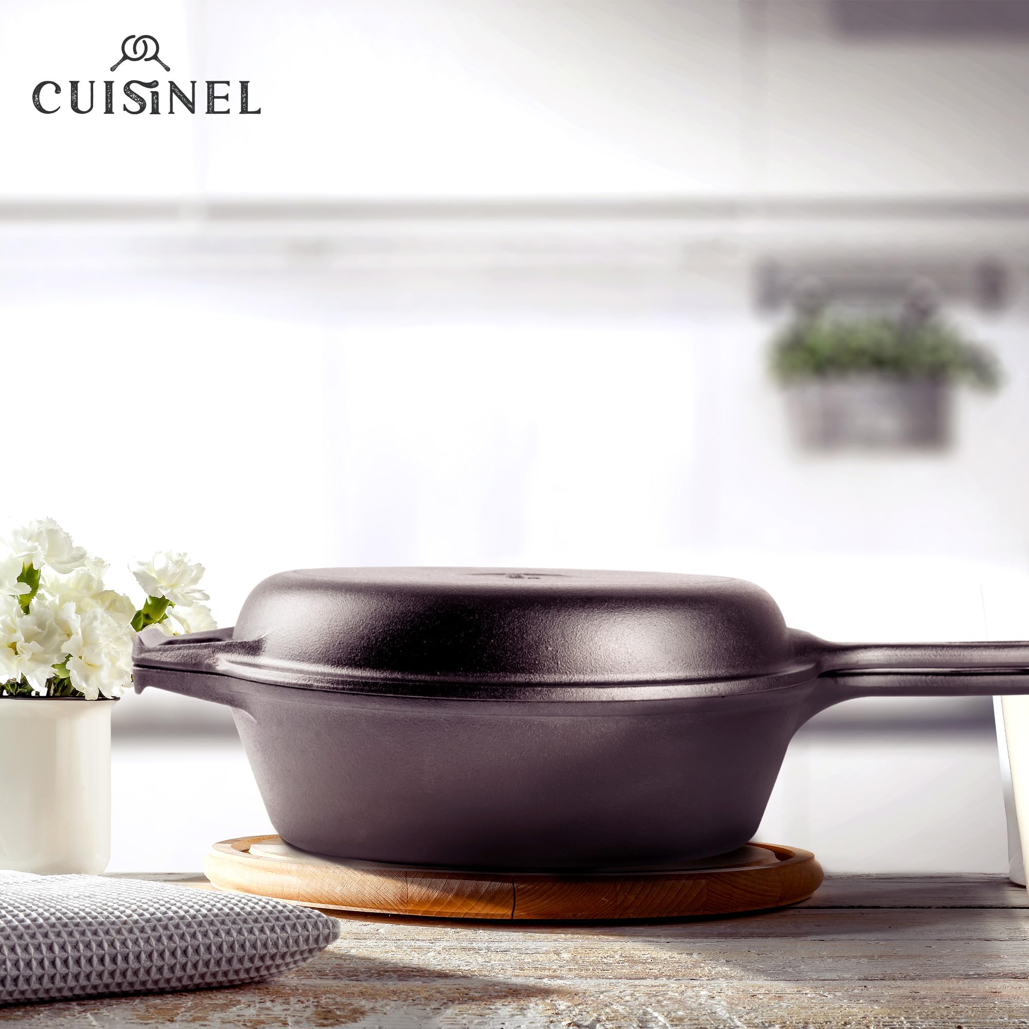 Cuisinel 3-Qt Cast Iron Skillet with Lid - 2-in-1 Deep Pot & Frying Pan - Pre-Seasoned Dutch Oven for Baking, Grilling & Stovetop Cooking - Perfect for Indoor, Outdoor, Camping & Induction Cooktops