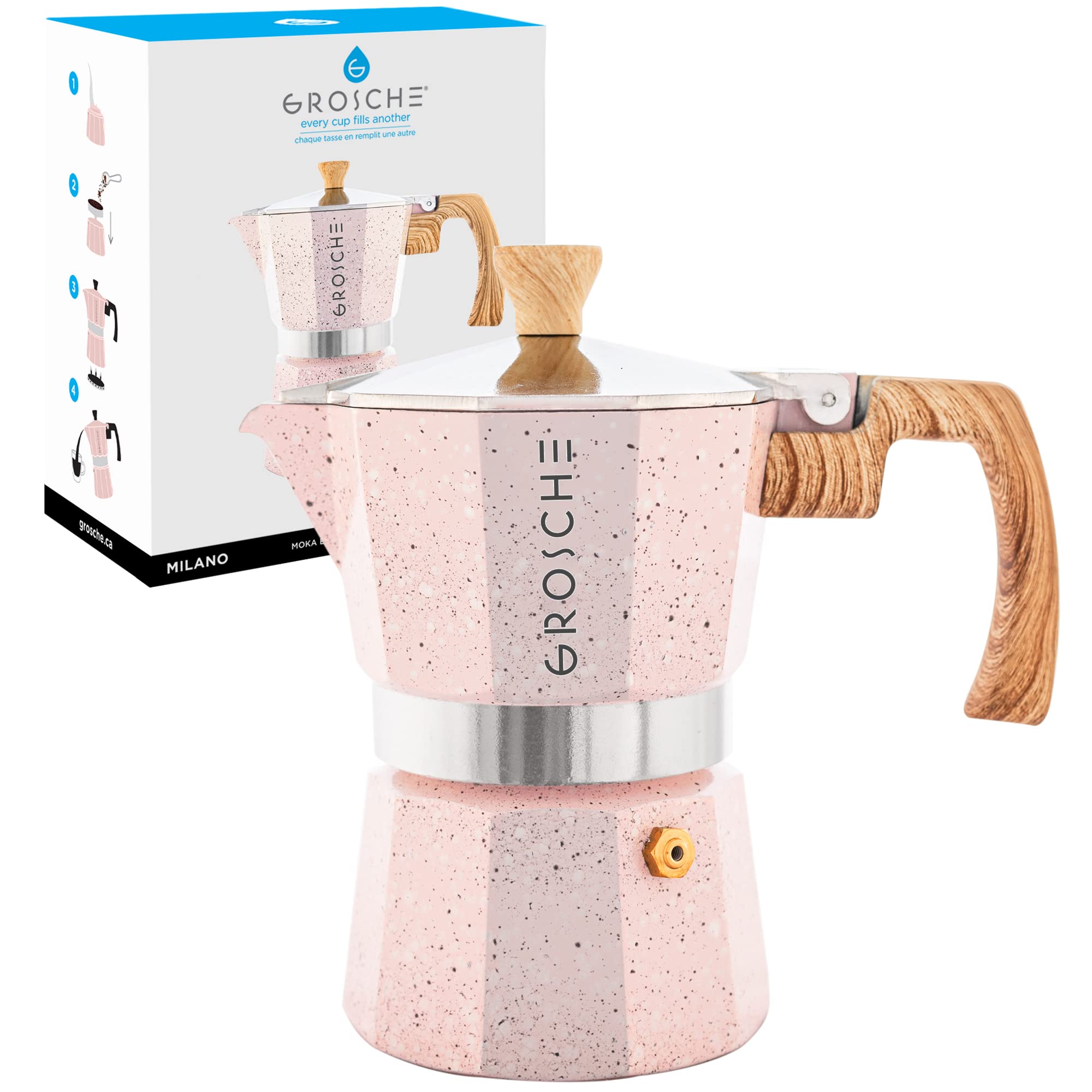 GROSCHE Milano Moka Pot - 3 Cup Stovetop Espresso Maker & Coffee Percolator - Italian Greca Coffee Maker for Home & Office Use (Pink) - Perfect for Camping, Gifts & Small Kitchens
