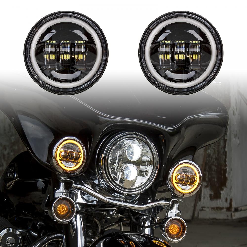 Black LED Motorcycle Fog Lights with Amber Halo Turn Signal for Harley Touring Bikes - Ultra Classic, Limited, Road King, Street Glide, Road Glide & Trike - Perfect for Night Riding and Enhanced Visibility