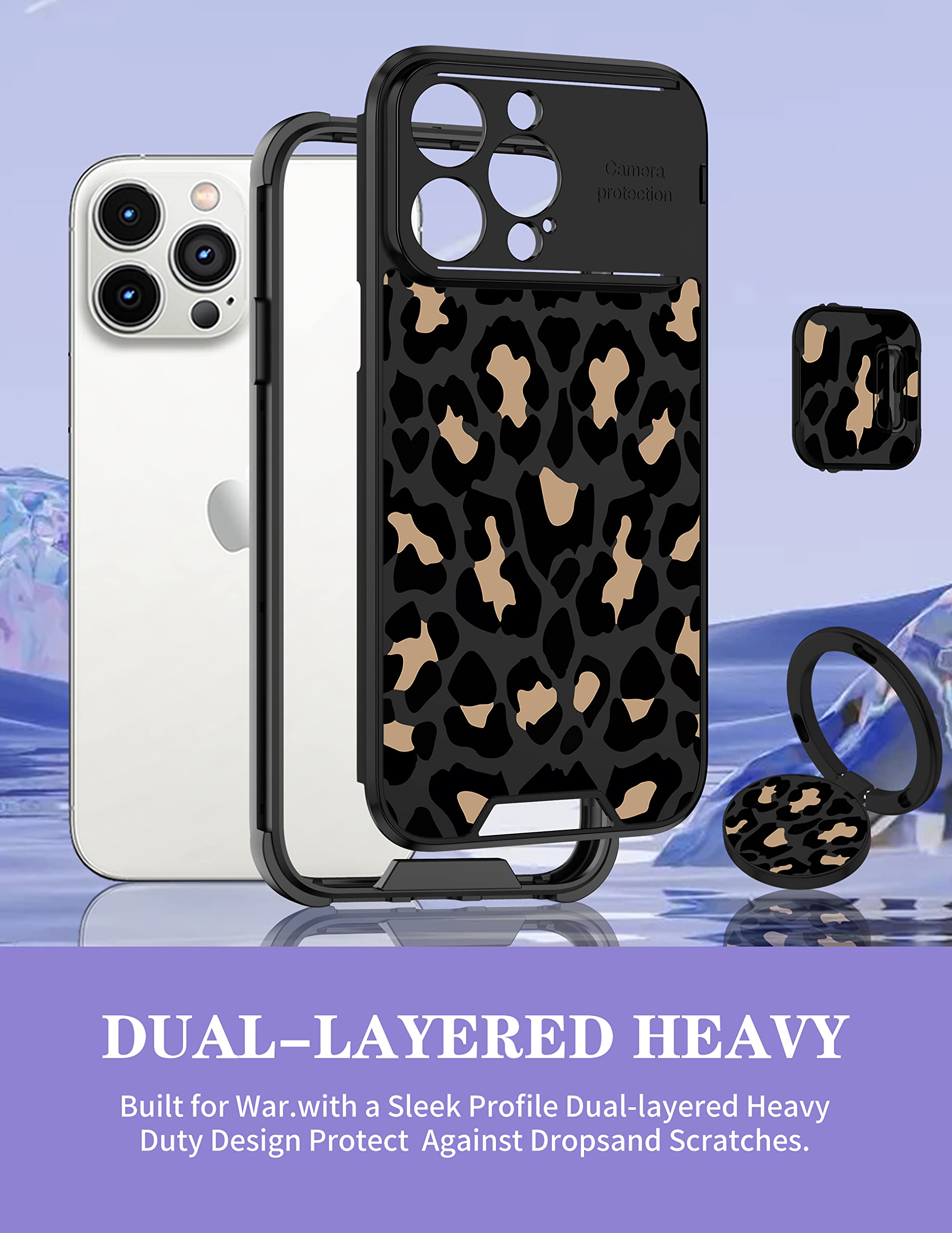 Goocrux 2in1 iPhone 14 Pro Max Case for Women - Leopard Print Phone Cover with Slide Camera Cover & Ring Holder | Cute Cheetah Animal Design Girly Case for iPhone 14 ProMax 6.7