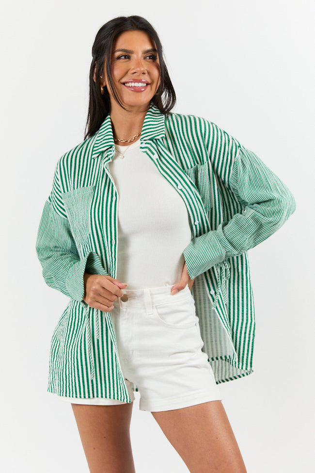 Daybreak Dreams Green Gauze Multi-Stripe Button Down Shirt for Women - Casual Boho Chic Blouse for Summer, Beach, and Outdoor Activities