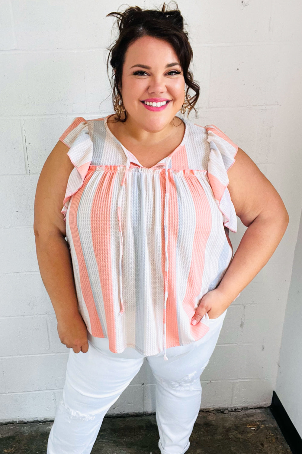 Coral & Light Blue Striped Waffle Knit Tie Neck Blouse - Women's Casual Summer Tops for Beach, Vacation & Date Night Outfits