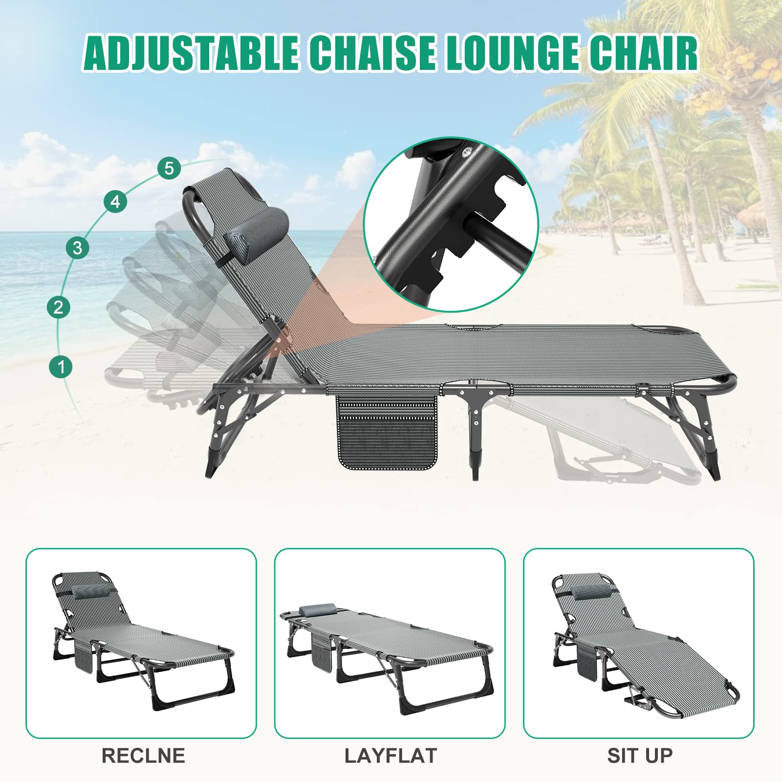 LILYPELLE 5-Position Adjustable Folding Lounge Chair with Mattress - Portable Outdoor Chaise Lounge for Sunbathing, Camping, Beach, Pool & Patio - Perfect for Relaxing, Travel & Backyard Use
