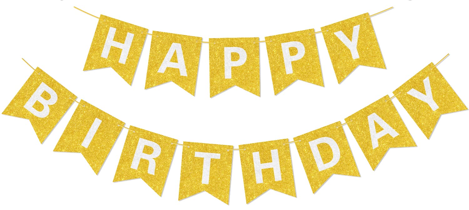 Pre-Strung Happy Birthday Banner with Glitter Letters - Gold Party Decorations for Birthday Celebrations, Home Decor & Special Events