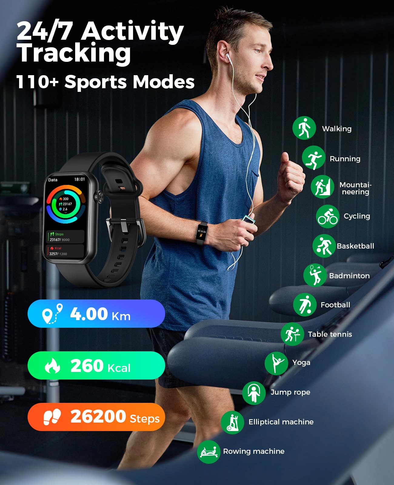 Smart Fitness Tracker Watch with Call Function, 24/7 Heart Rate & SpO2 Monitor, Blood Pressure & Sleep Tracking, 114 Sports Modes, Calorie & Step Counter - IP68 Waterproof Activity Tracker for Men & Women - Perfect for Running, Swimming & Daily Health Monitoring