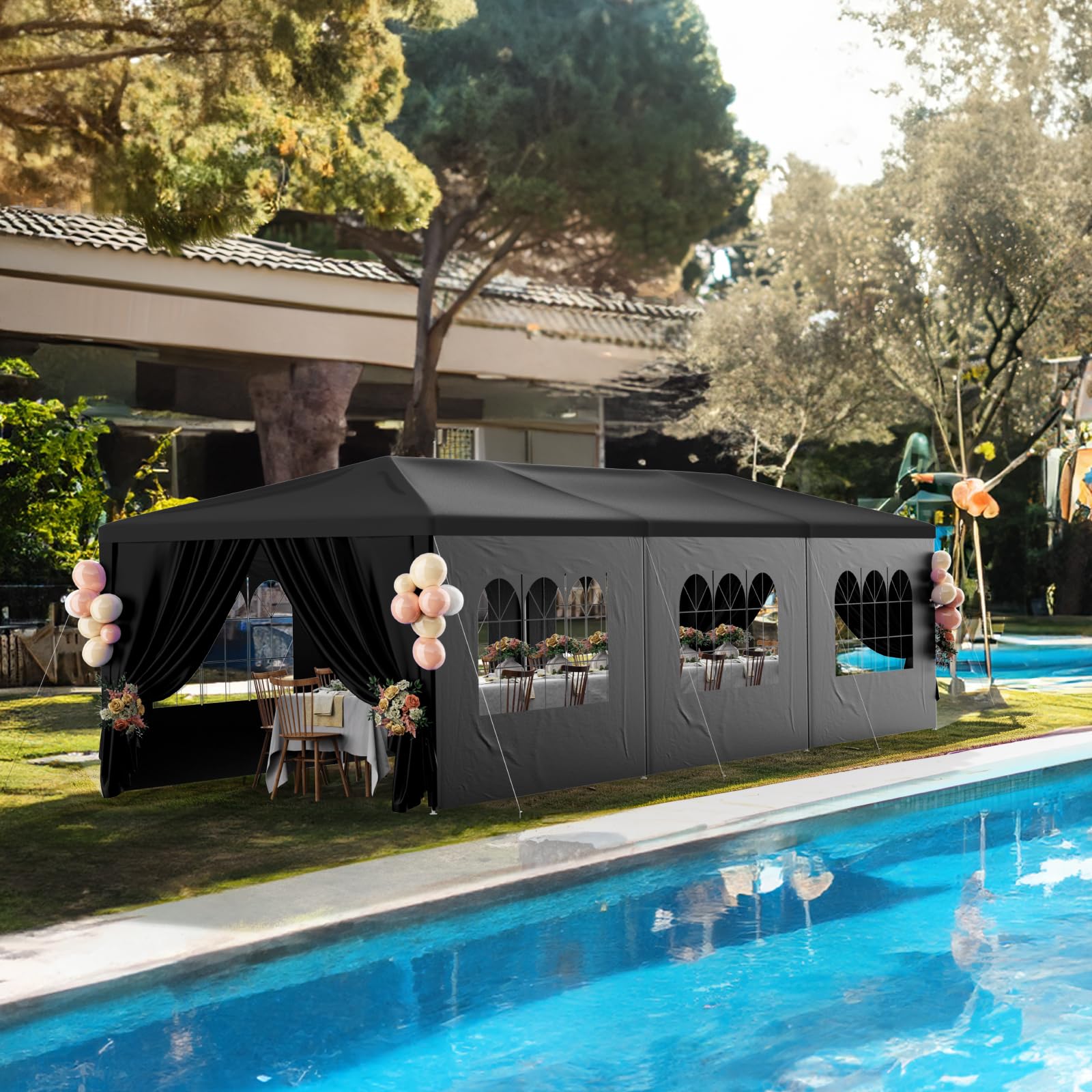 10x30FT Heavy Duty Waterproof Black Party Tent - Outdoor Canopy Wedding Tent with 8 Removable Sidewalls - Perfect for Patio, Gazebo, Events, Parties, Holiday Celebrations, Birthday, Graduation & BBQ Gatherings