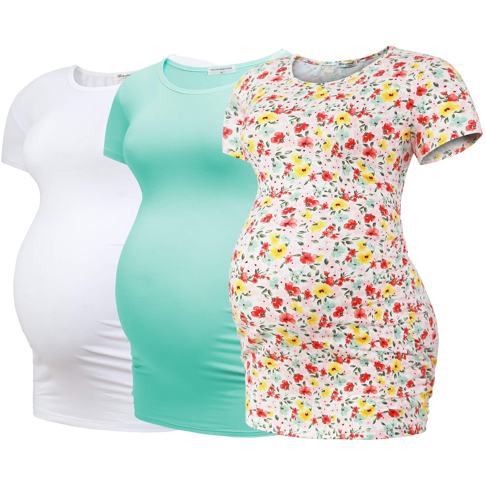 Bearsland Women's Maternity T-Shirt 3 Pack - Classic Side Ruched Pregnancy Tee Tops for Expecting Moms | Comfortable Nursing & Everyday Wear for Pregnant Women