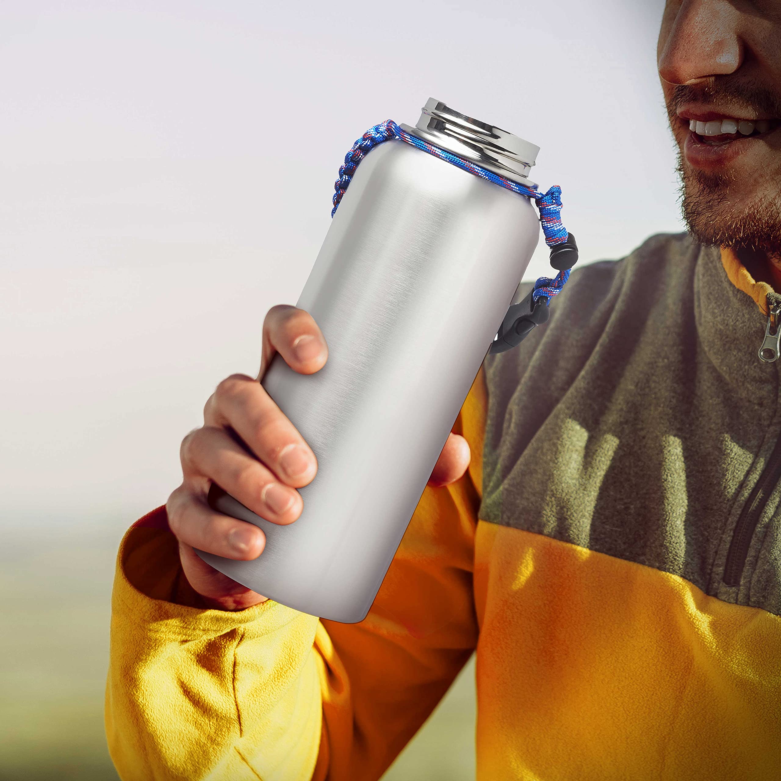 6 Pack Vulcan Stainless Steel Water Bottles 34oz - Double Wall Vacuum Insulated Silver Water Bottle with Strap - Leakproof & Sweatproof for Gym, Hiking, Camping, Office & Outdoor Activities