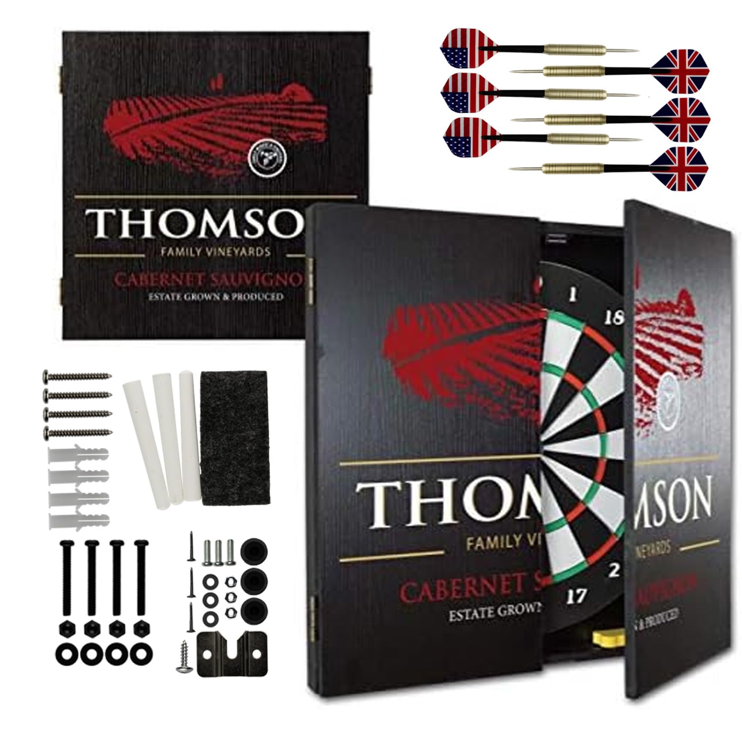 THOUSAND OAKS BARREL CO. Personalized Dartboard & Cabinet Set with 6 Steel Tip Darts - Premium Wooden Dart Board Game Set for Home, Bar, or Game Room Entertainment