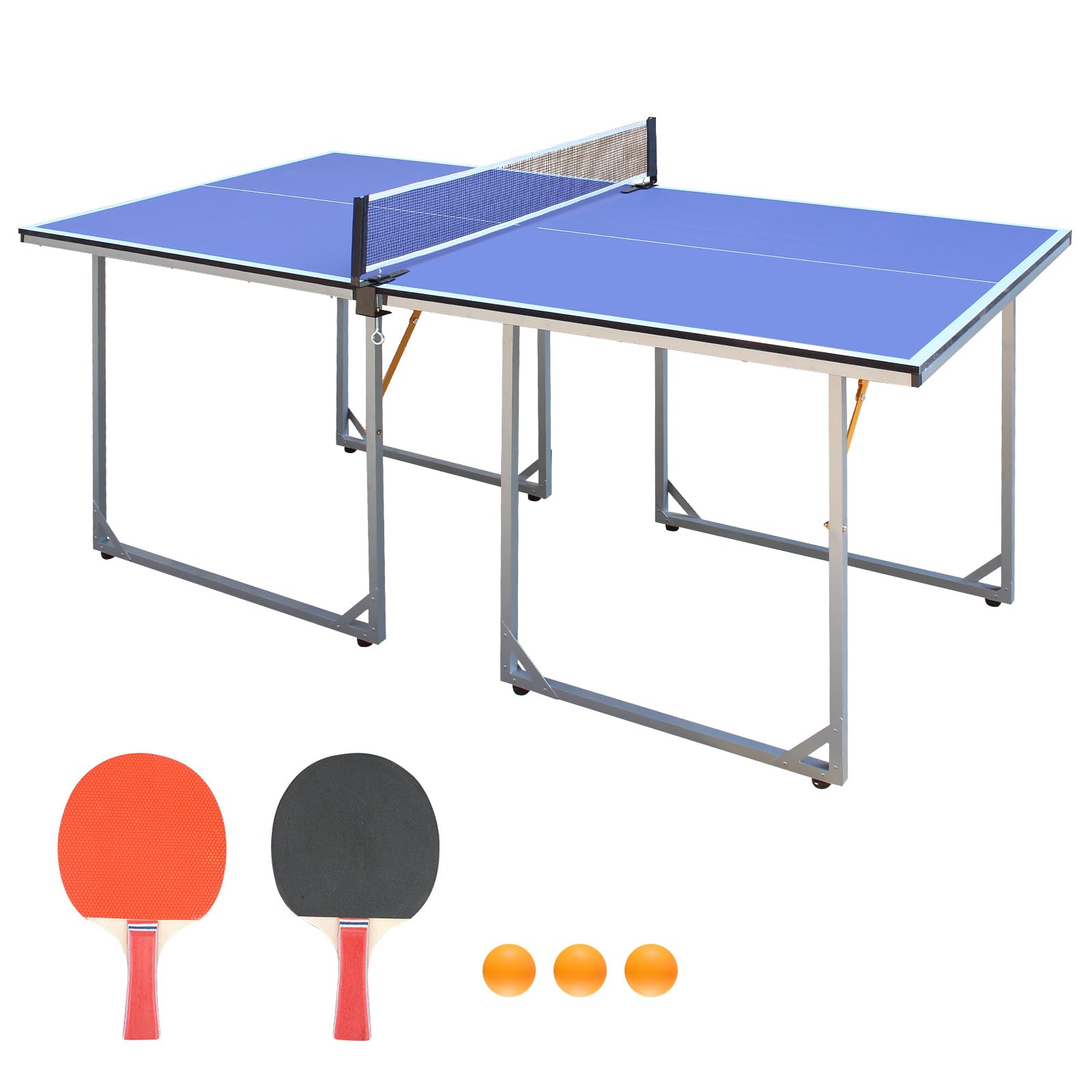 6' x 3' Foldable Ping Pong Table Set with Net, 2 Paddles & 3 Balls - Portable Mid-Size Table Tennis for Indoor/Outdoor Use - Perfect for Home, Office, Backyard or Game Room Entertainment