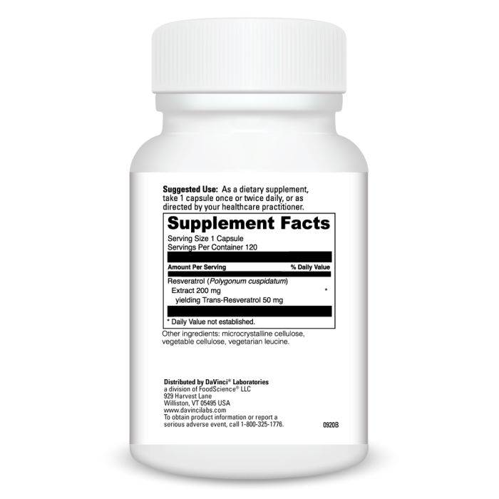 Davinci Labs Resveratrol 50mg - 120 Capsules | Antioxidant Supplement for Heart Health & Anti-Aging | Supports Cellular Health & Longevity - Perfect for Daily Wellness Routine