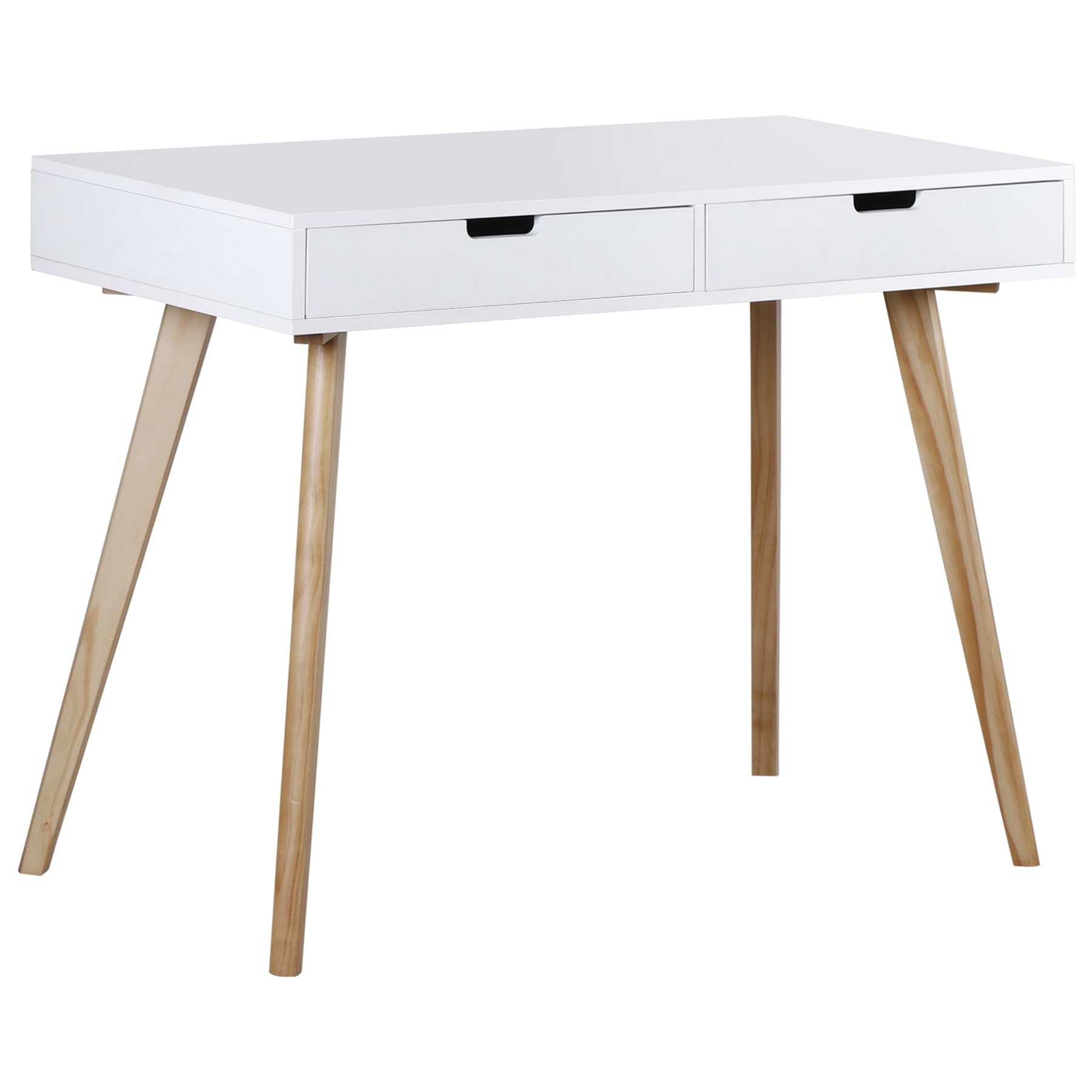 Mid Century Modern Writing Computer Desk - Home Office Laptop PC Desk with 2 Storage Drawers & Solid Wood Legs, Console Table for Bedroom, Living Room or Office Workspace
