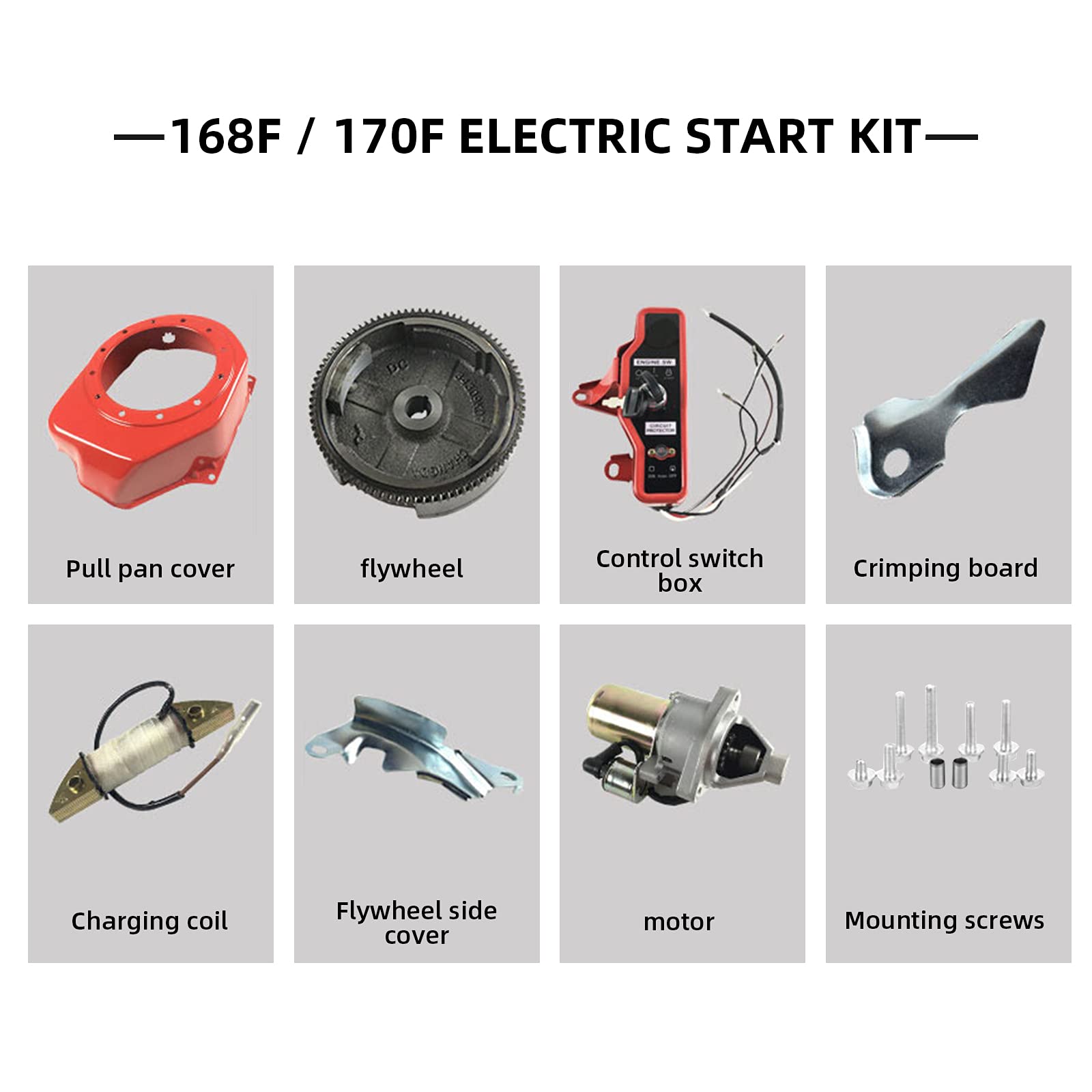 Electric Start Conversion Kit for Honda GX160 GX200 5.5HP 6.5HP Engines - Starter Motor, Flywheel, Key Switch, Ignition Coil & Fan Cover - Perfect for Small Engine Repairs and DIY Upgrades