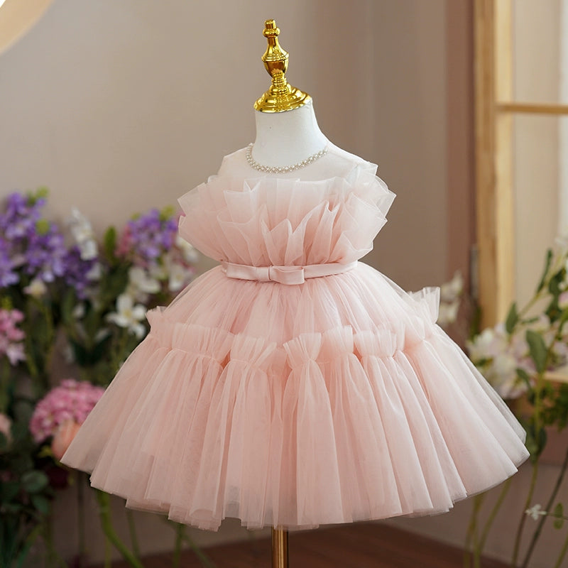 Pink Princess Round Tea Length Tulle Flower Girl Dress - Perfect for Weddings, Birthday Parties & Special Occasions