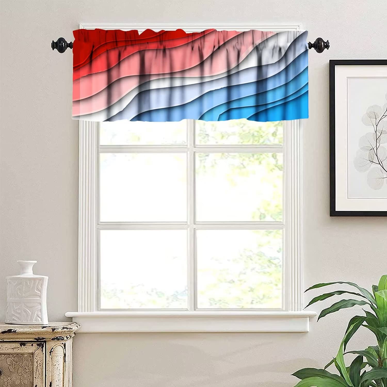 Modern Abstract Geometric Window Valance - Red & Blue Rod Pocket Curtain Panel (54