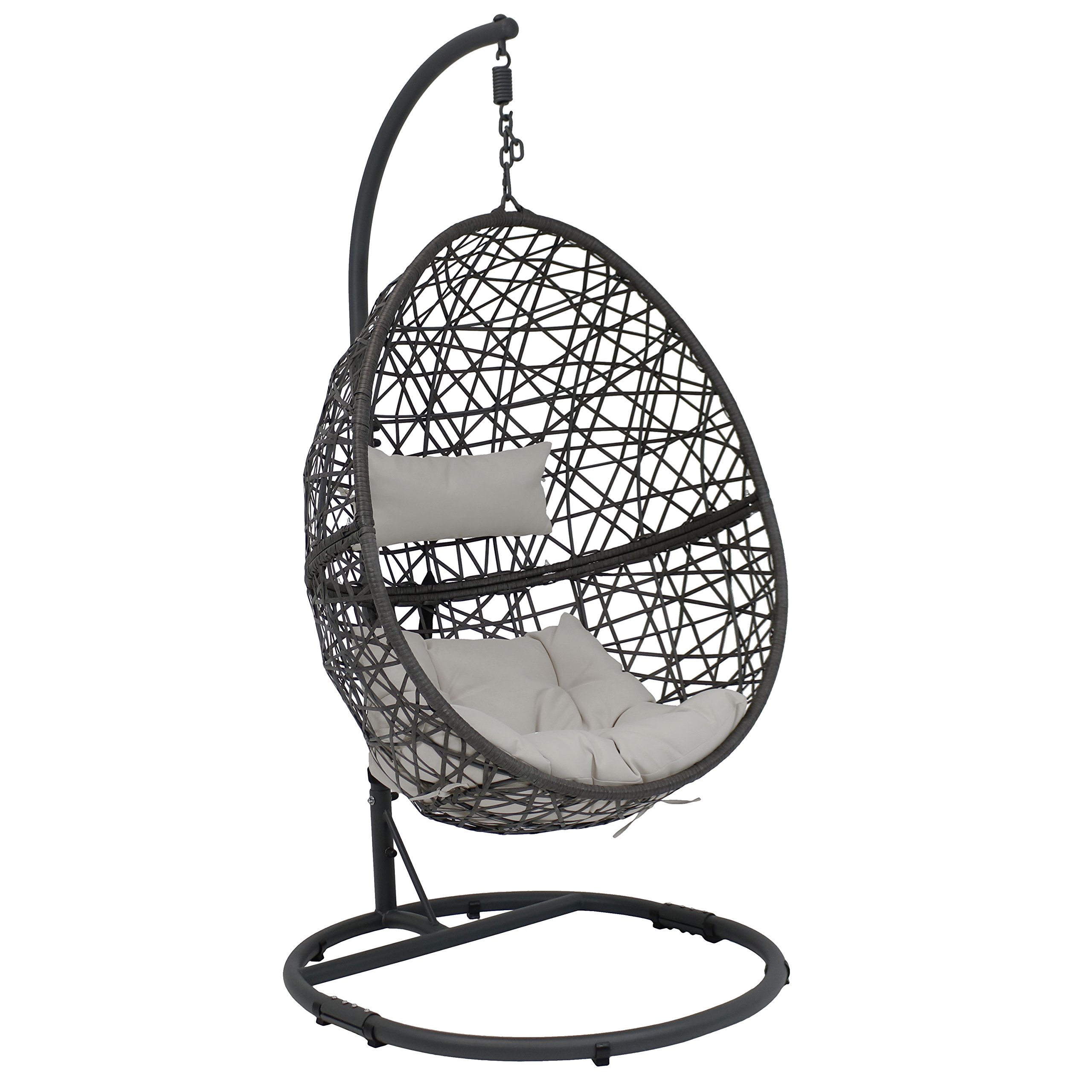 Sunnydaze Caroline Hanging Egg Chair Swing with Steel Stand - All-Weather Resin Wicker Porch Swing Chair - Large Basket Design Outdoor Lounging Chair with Gray Cushions - Perfect for Patio, Garden, Backyard Relaxation