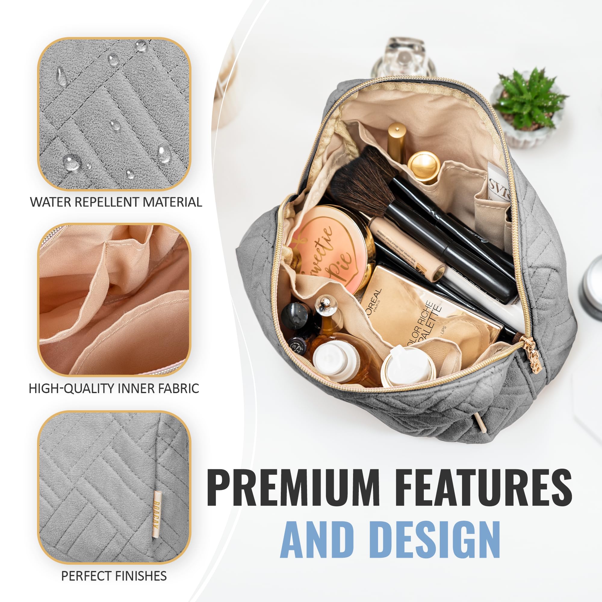 BOACAY Large Makeup Bag for Women - Waterproof Travel Cosmetic Organizer with Zipper, Toiletry Pouch for Purse, Makeup Brush Case | Perfect for Travel, Gym & Daily Essentials Storage