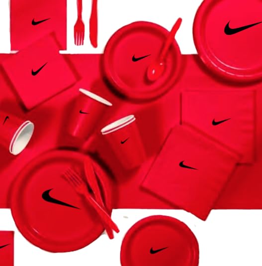 Custom Swoosh Party Dinnerware Set - 44-Piece Birthday Party Supplies (Red & Black) for Sports Themed Events, Game Nights & Team Celebrations