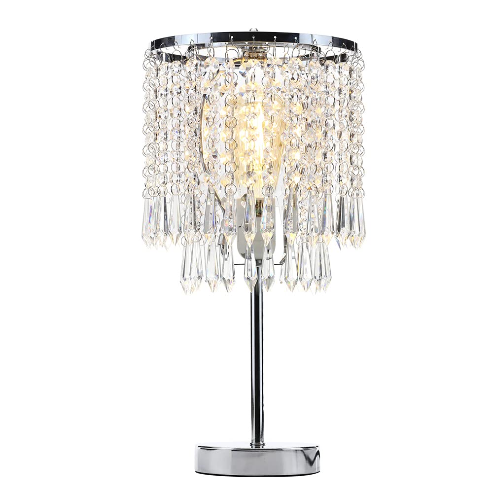 KUNJOULAM Silver Chrome Crystal Bedside Table Lamp - Modern Nightstand Lamp with Crystal Lampshade for Bedroom, Living Room, Office & Dining Room | Elegant Lighting for Home Decor, Reading Nook & Workspace