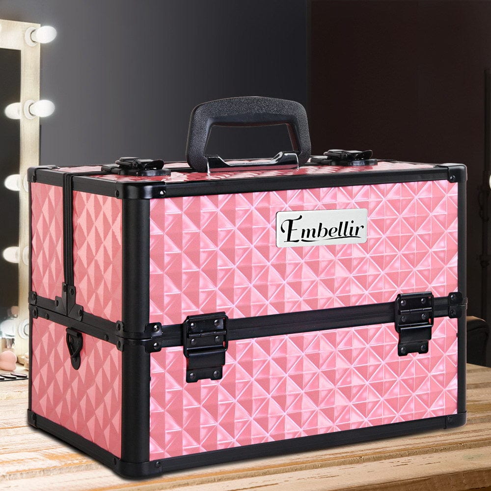 Embellir Portable Cosmetic Beauty Makeup Case - Diamond Pink Travel Organizer for Makeup Brushes & Cosmetics | Perfect for Travel, Home & Salon Use