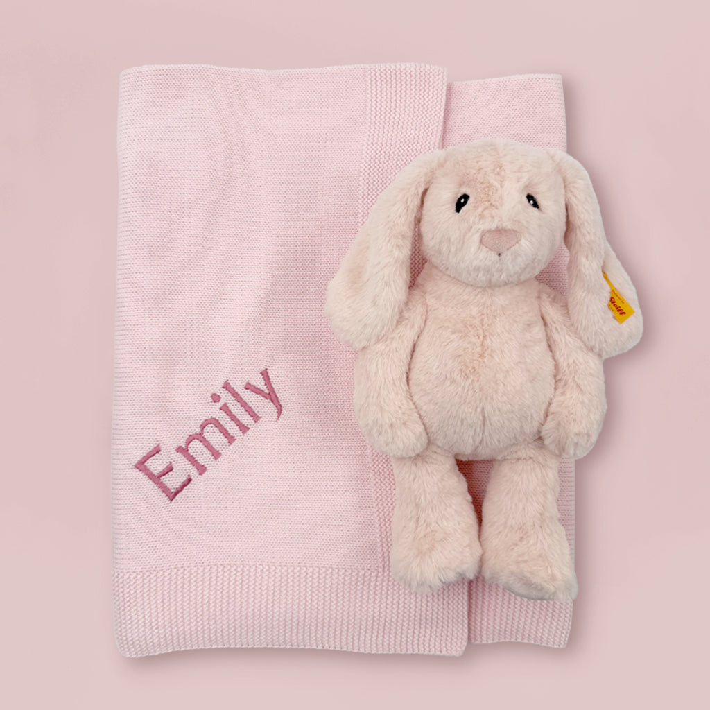 Steiff Personalized Pink Hoppie Rabbit with Knitted Blanket Gift Set - Perfect Baby Shower & First Birthday Present
