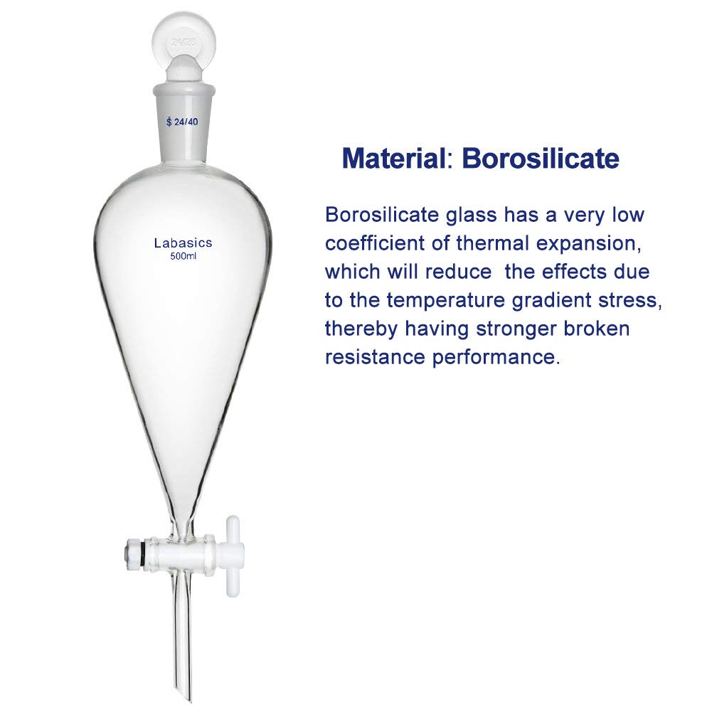 Labasics 500ml Borosilicate Glass Conical Separatory Funnel with PTFE Stopcock - 500mL Lab Equipment for Chemical Extraction, Liquid Separation & Organic Chemistry Experiments
