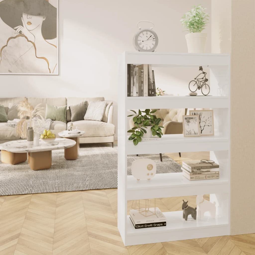 Modern Bookcase Room Divider - High Gloss White Bookshelf with 4 Shelves, 31.5