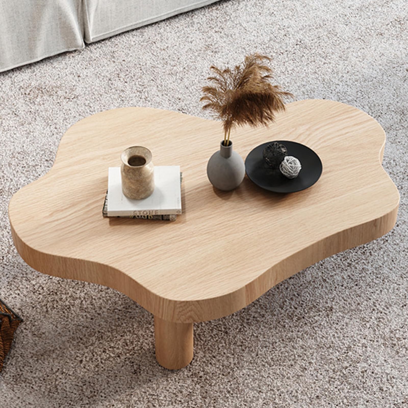 Cloud Coffee Table - Irregular Solid Wood Modern End Table with 3 Legs, Round Corners & Thickened Top (28×18×16