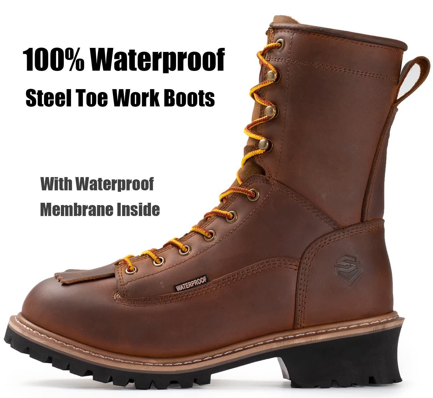 SUREWAY Men's 8-Inch Waterproof Steel Toe Work Boots - Oil & Slip Resistant, Thick Full Grain Leather, Wedge Rubber Sole, EH Rated - Ideal for Construction, Logging & Outdoor Work