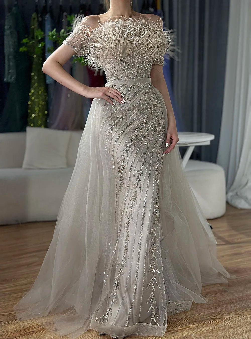 Luxury Dubai Saudi Arabic Beaded Caramel Mermaid Evening Gown with Overskirt - Elegant Formal Dress for Weddings, Galas & Special Occasions LA71634A