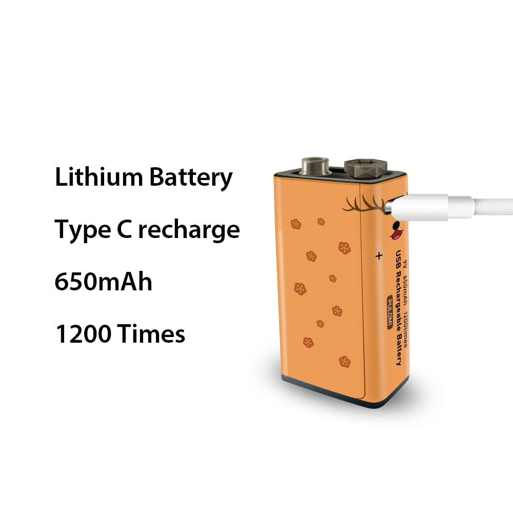 PULOMI 9V Rechargeable Lithium-ion Battery 2-Pack - 650mAh High Capacity, Fast 1.5H Charging via USB-C, 1200 Cycles, Constant Output for Smoke Detectors, Guitar Pedals & Digital Multimeters