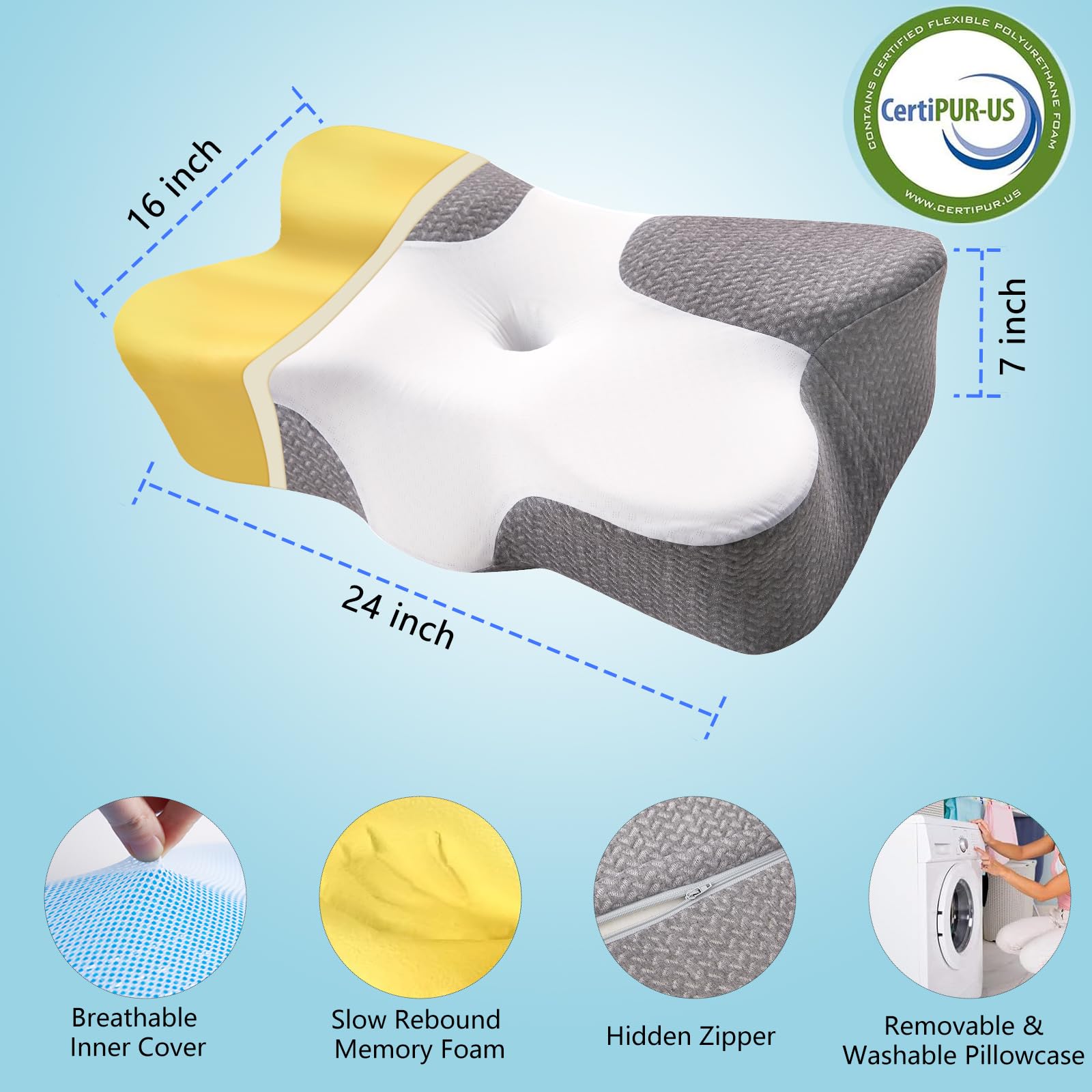 **Orthopedic Memory Foam Cervical Pillow for Neck Pain Relief - Ergonomic Contour Support Pillow for Side, Back & Stomach Sleepers - Hypoallergenic & Odorless - Dark Grey & White - Perfect for Travel, Office & Home Use**