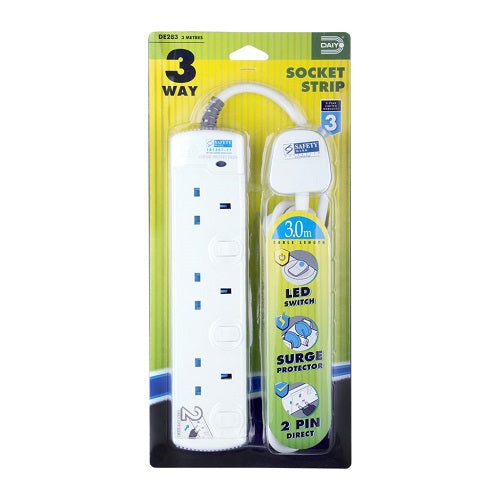 DE 283 LED 3-Way Socket Strip with Surge Protection | 3M & 6M Extension Cord | Perfect for Home Office, Workshop & Holiday Lighting