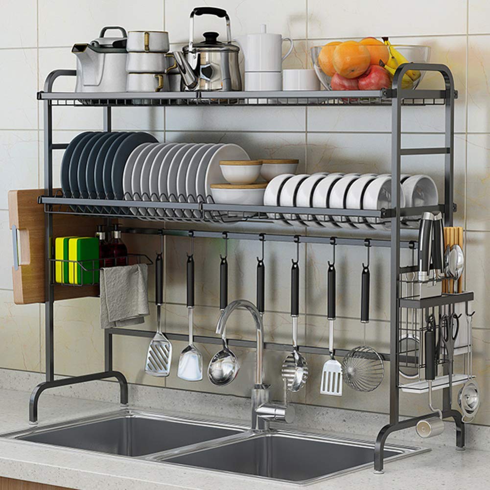 Stainless Steel 2-Tier Over Sink Dish Drying Rack - Space Saving Kitchen Organizer with Utensil Holder & Storage Shelf, Black 53cm (21 Inch) - Perfect for Small Kitchens & Countertop Organization
