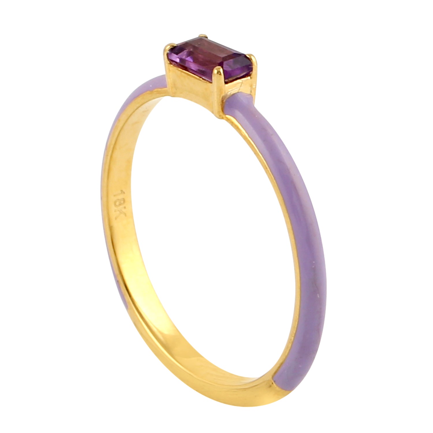 18K Yellow Gold Baguette Cut Amethyst Enamel Band Ring - Elegant Dainty Jewelry for Women, Perfect for Weddings, Anniversaries & Special Occasions