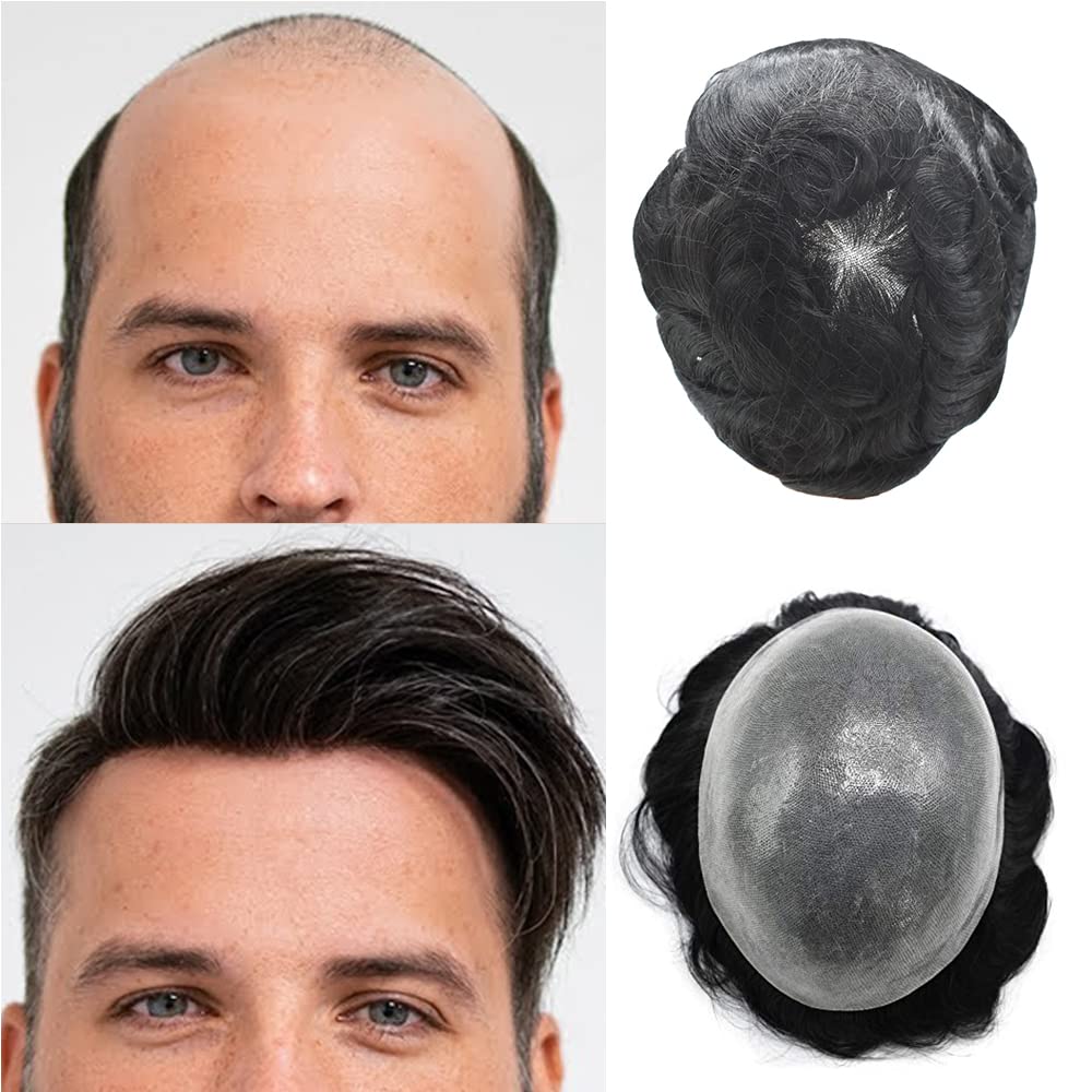 Premium 100% European Human Hair Toupee for Men - 0.12mm Thin Skin V-looped Hair Replacement System with Durable Poly Base (8