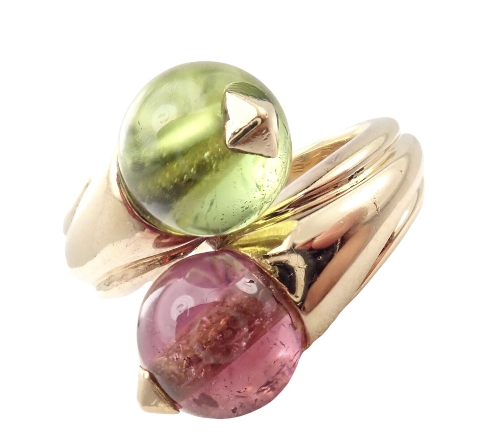 Vintage Bulgari Bvlgari 18k Yellow Gold Pink & Green Tourmaline Bypass Ring - Luxury Jewelry for Women, Elegant Gift for Anniversary & Special Occasions
