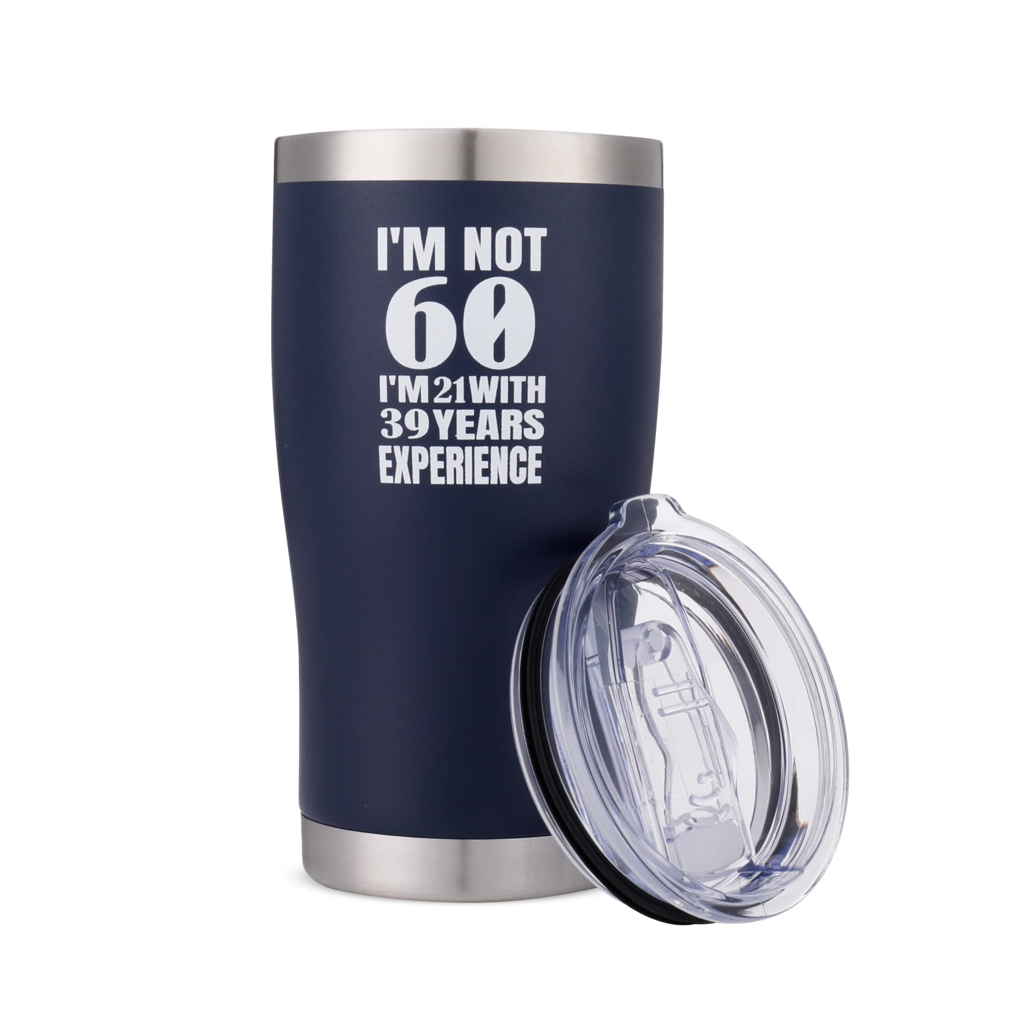 Vacuum Insulated Stainless Steel Tumbler with Lid & Straw - 20oz Leakproof Travel Mug for Hot & Cold Drinks - Perfect 60th Birthday Gift for Men & Women (Navy Blue) - Ideal for Coffee, Tea, Hiking, Office & Outdoor Activities