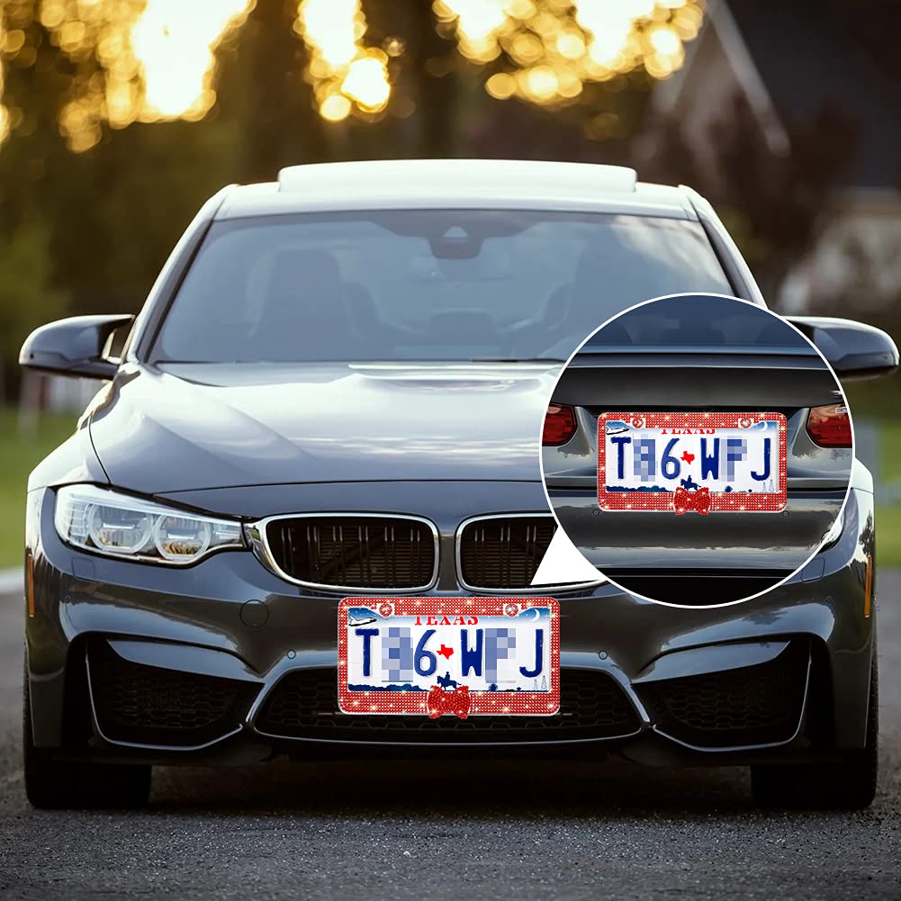 OTOSTAR Bling Rhinestone License Plate Frame with Ribbon Bow - Premium Stainless Steel 2 Hole Holder with Anti-Theft Screws (Red/Red Bowtie) - Perfect for Car Decoration & Gift Giving