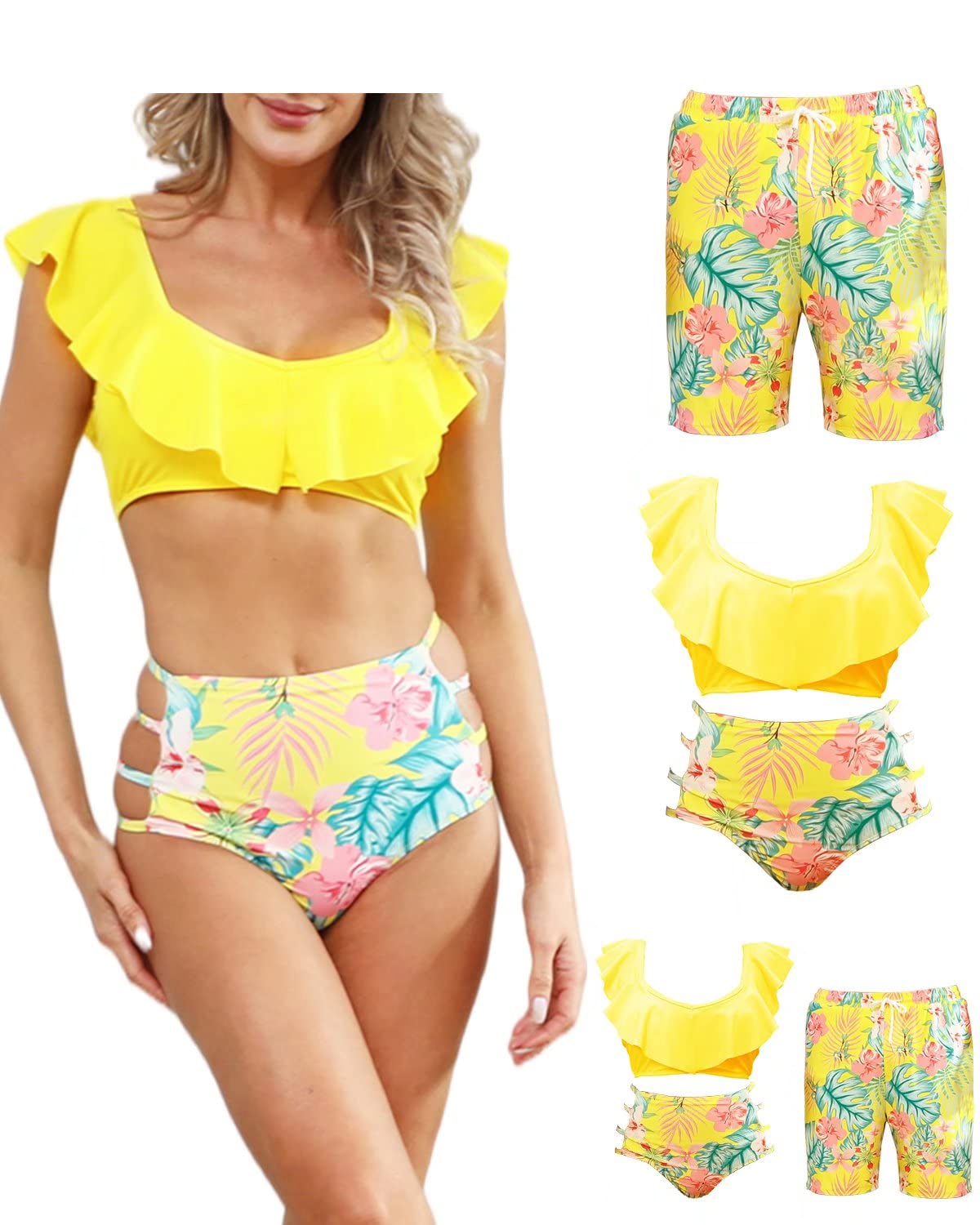 Matching Family Swimsuits - Ruffle & Palm Print Bikini Top with High Waisted Bottom Tankini Set | Beach Vacation, Pool Party, Summer Outfits for Women & Kids