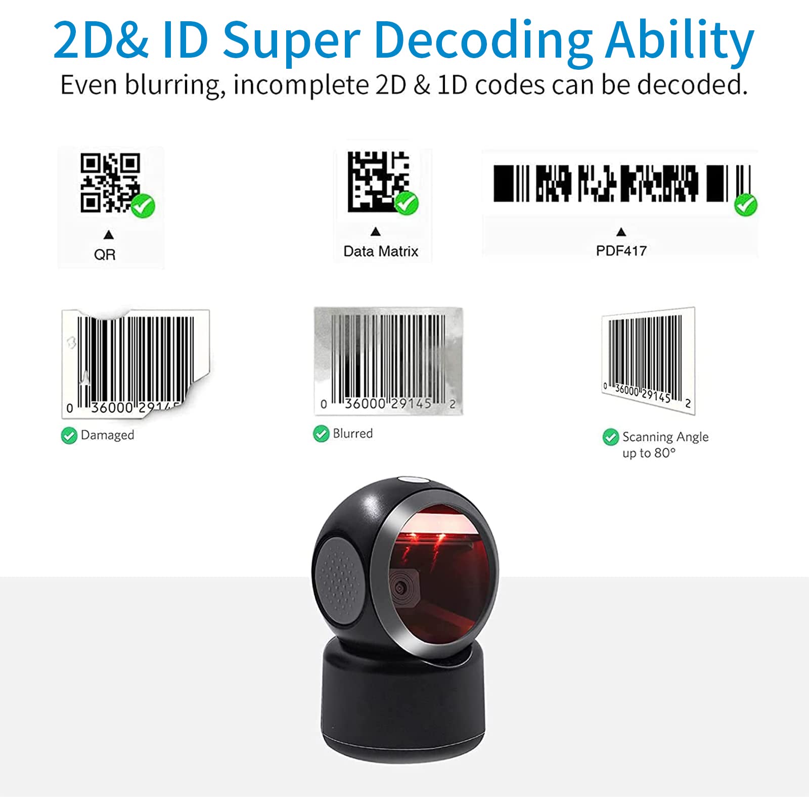 2D QR Hands-Free Barcode Scanner - Omnidirectional Automatic Sensing USB Barcode Reader with Adjustable Screen for POS, PC, Supermarket & Bookstore - Ideal for Retail Checkout, Inventory Management and Warehouse Operations