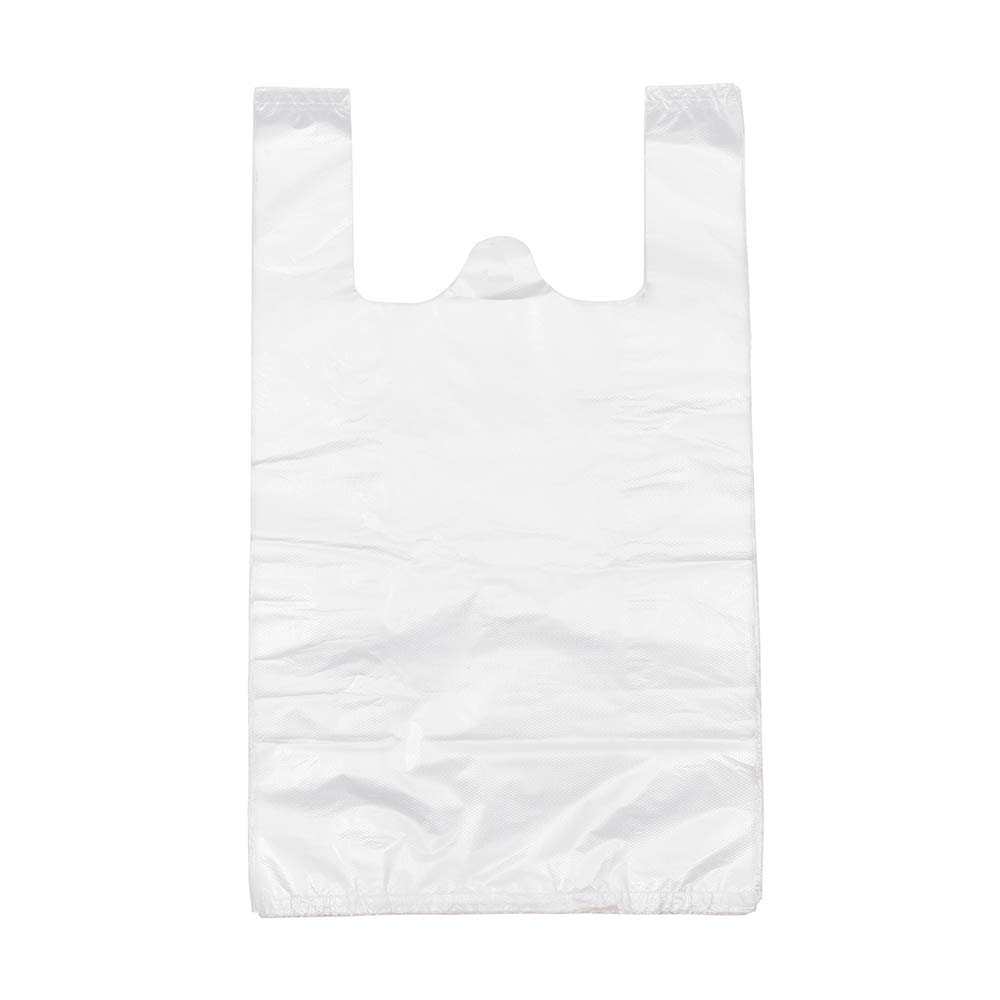 White Plastic T-Shirt Bags with Handles - Bulk Pack of 100 (12x20 Inch) - Durable Grocery Bags, Retail Shopping Bags & Merchandise Bags for Supermarket, Restaurant & Retail Stores - Perfect for Food Takeout, Convenience Stores & Customer Packaging