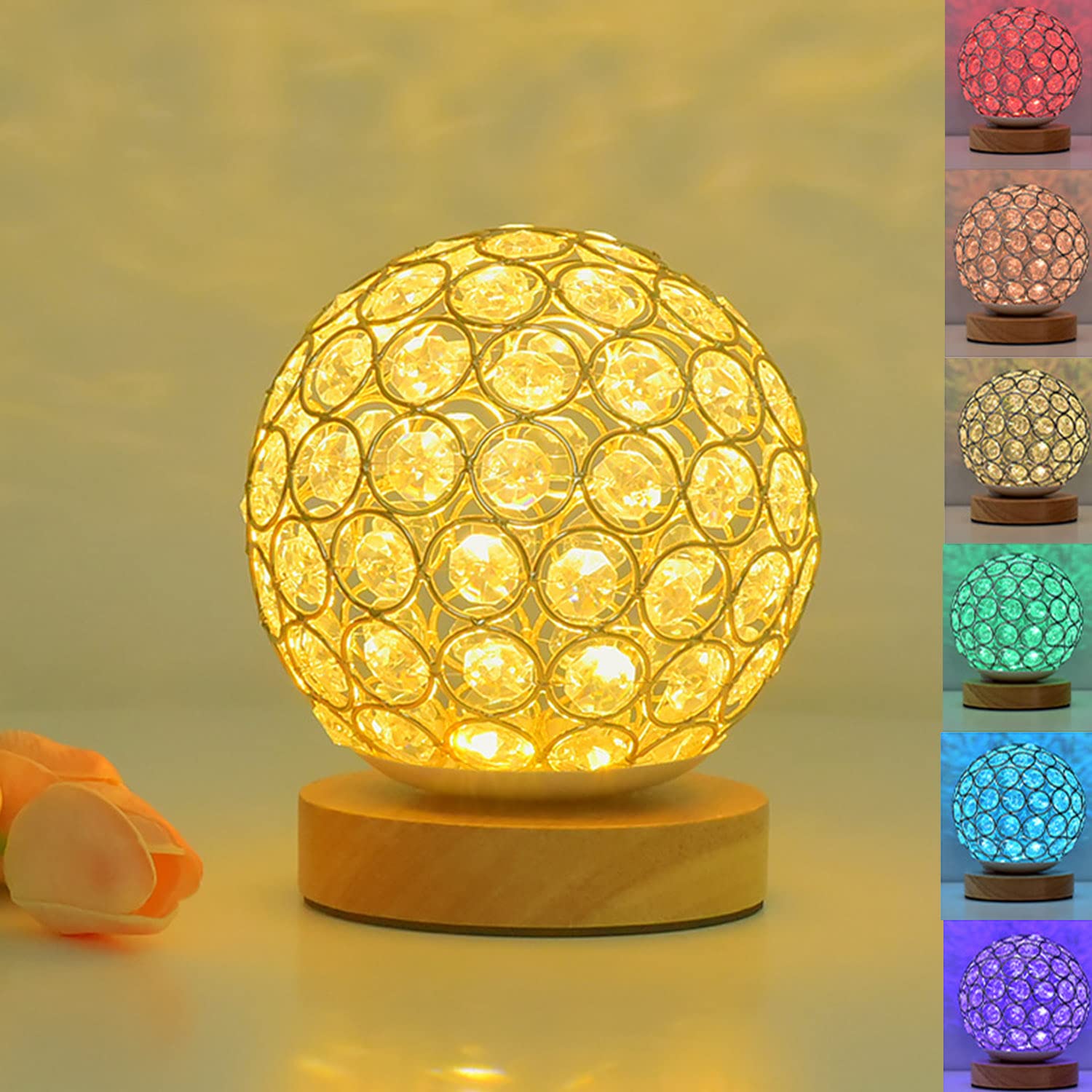 AFORTLO RGBW Crystal Ball Table Lamp with Wood Base & Remote Control - 16 Colors, 4 Lighting Modes, 9 Dimmable Levels - Modern Desk Lamp for Bedroom, Living Room, Office - Perfect Mood Lighting & Home Decor Gift (Silver)