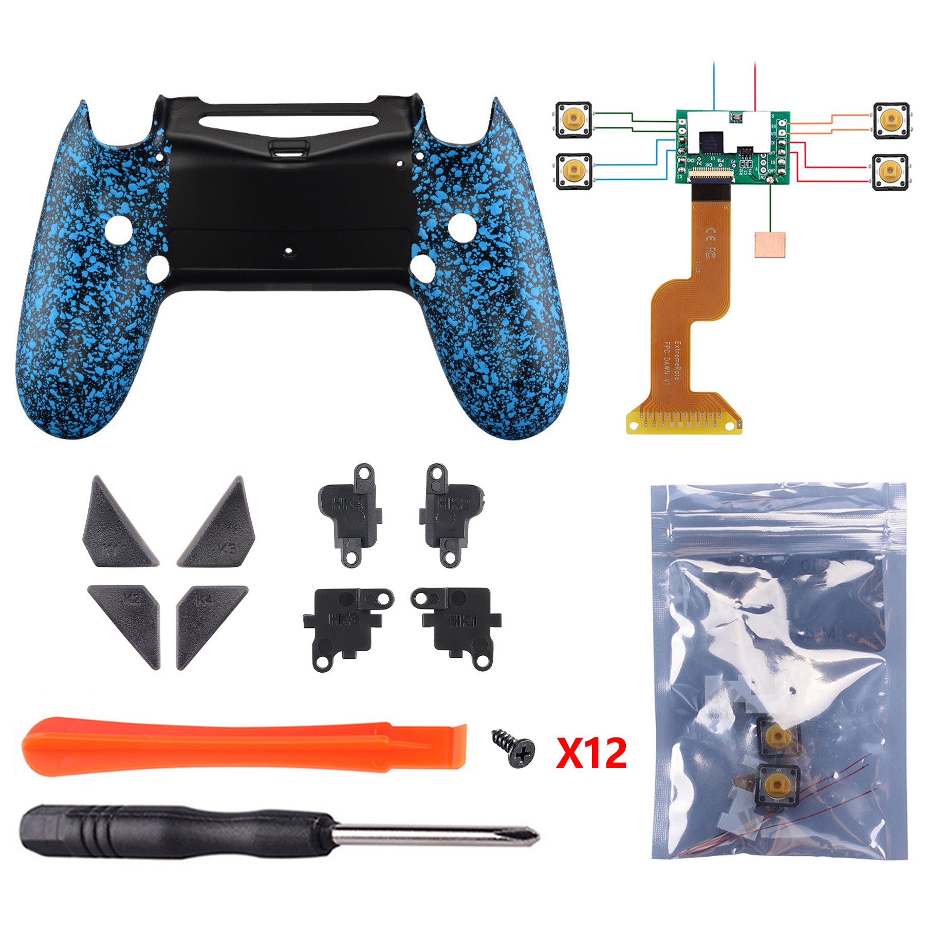 eXtremeRate Dawn Remappable Remap Kit with Redesigned Back Shell & 4 Back Buttons for PS4 Controller JDM-040/050/055 - Textured Blue | Custom Gaming Accessories for Enhanced Playstation 4 Controller Performance | Perfect for FPS, Racing & Action Games