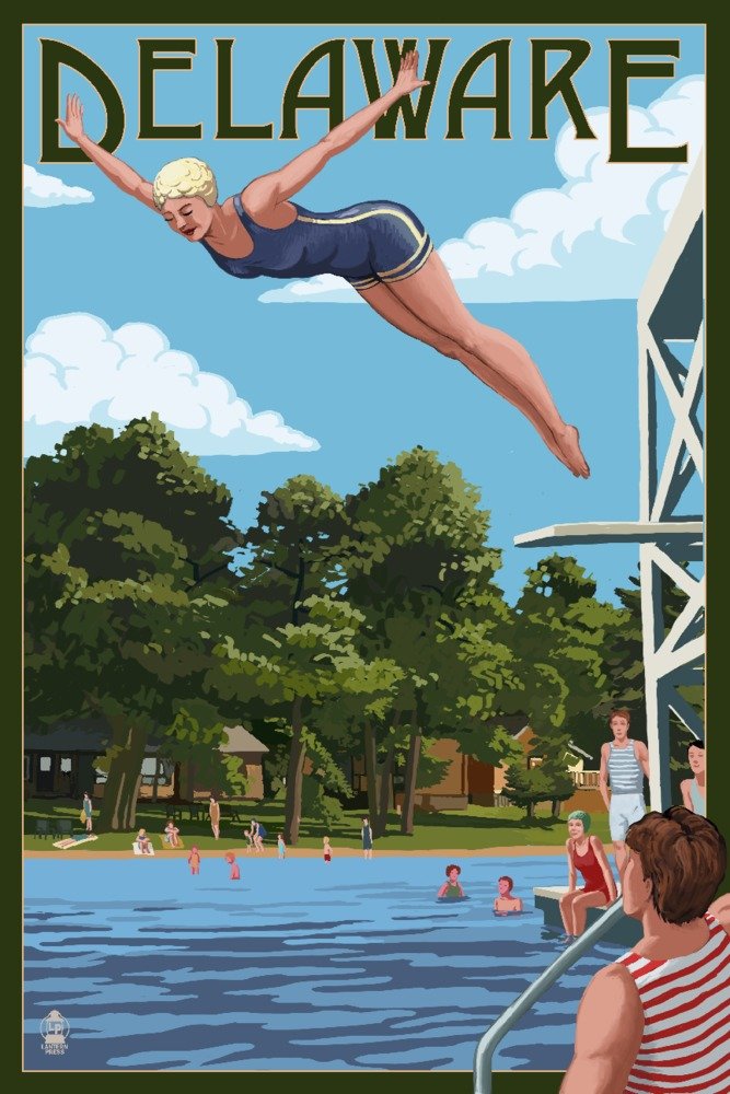 Delaware Woman Diving and Lake Art Print - 24x36 Wrapped Canvas Wall Decor for Living Room, Bedroom & Office - Nature Landscape Painting for Home Decor