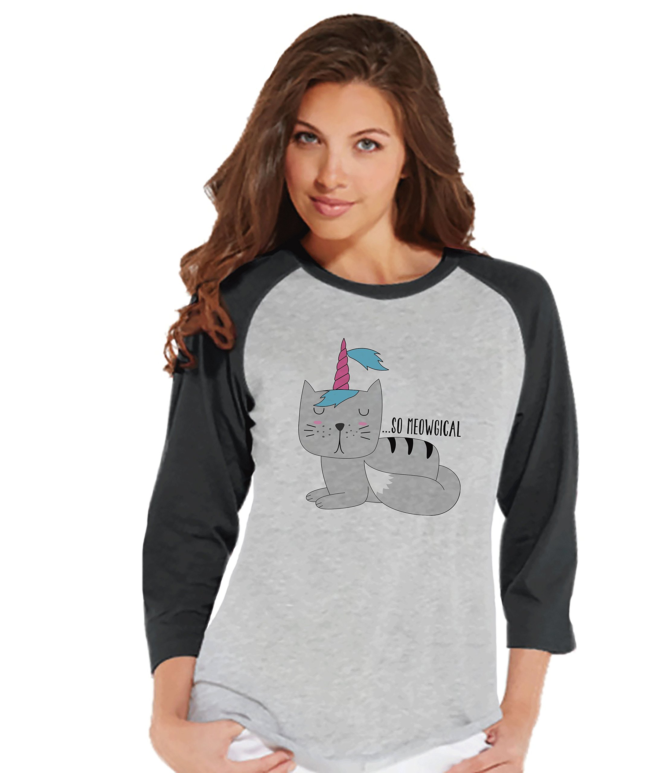 Women's Cat & Unicorn Print Raglan Tee - 7 ate 9 Apparel | Cute Graphic Long Sleeve Shirt for Casual Wear, Cosplay & Themed Parties
