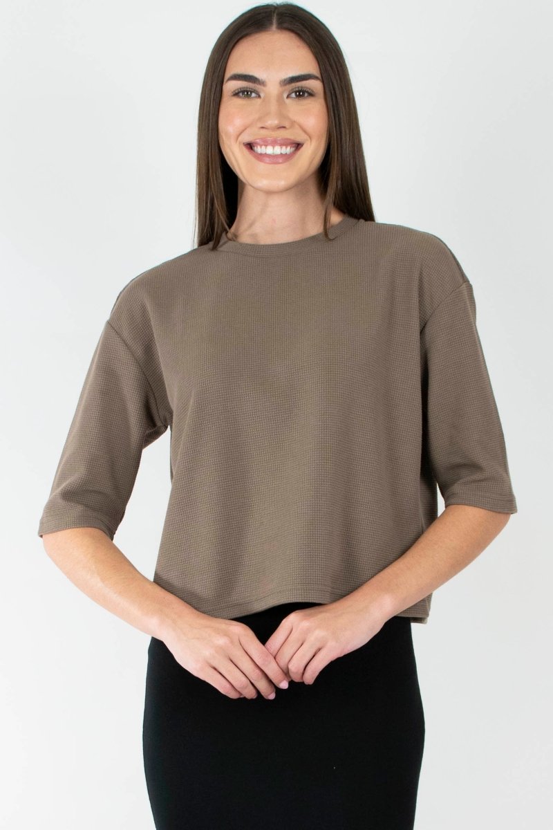 REMI TEE WAFFLE KNIT BROWN SHIRT - Women's Casual Long Sleeve T-Shirt for Fall & Winter - Perfect for Layering, Lounging, and Everyday Wear