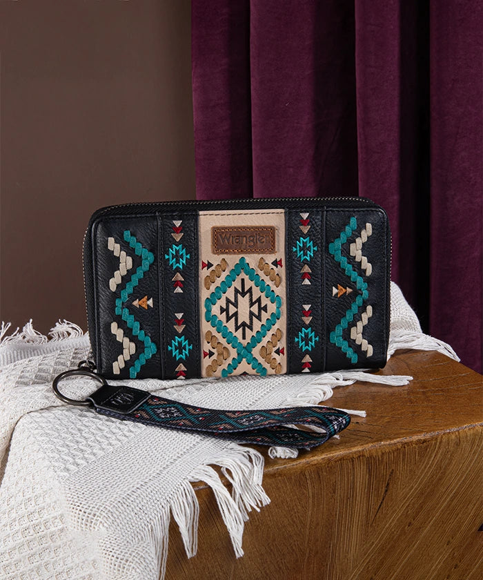 Wrangler Aztec Embroidered Whipstitch Wristlet - Stylish Leather Bracelet for Women - Perfect for Western Fashion, Boho Outfits & Festival Wear